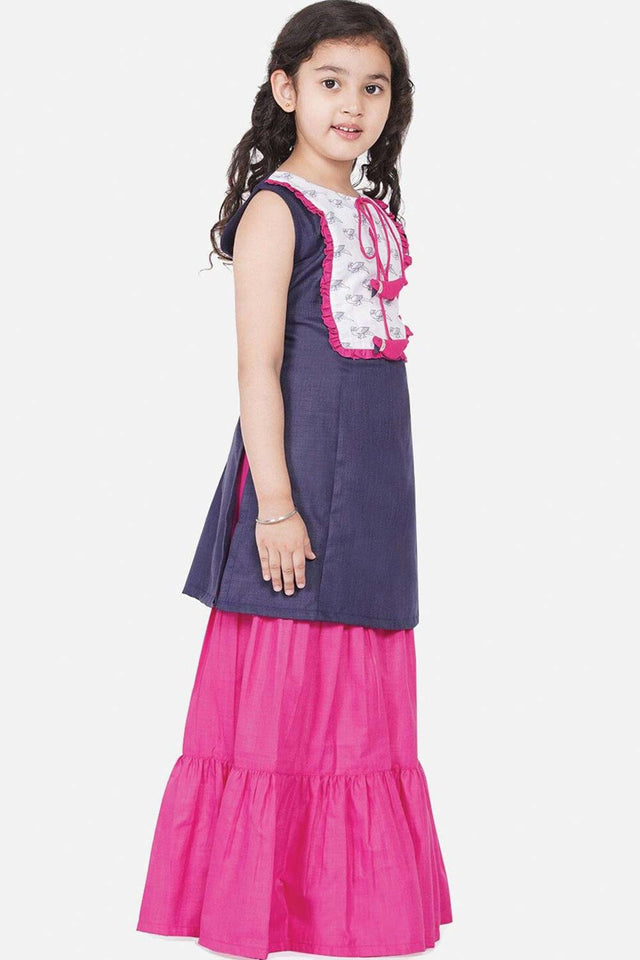 Buy Girl's Navy Blue And Pink Straight Kurta With Sharara Online - Front
