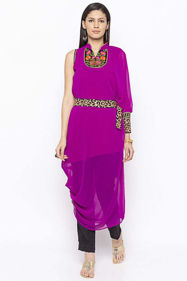 Georgette Asymmetric Kurti Top In Magenta