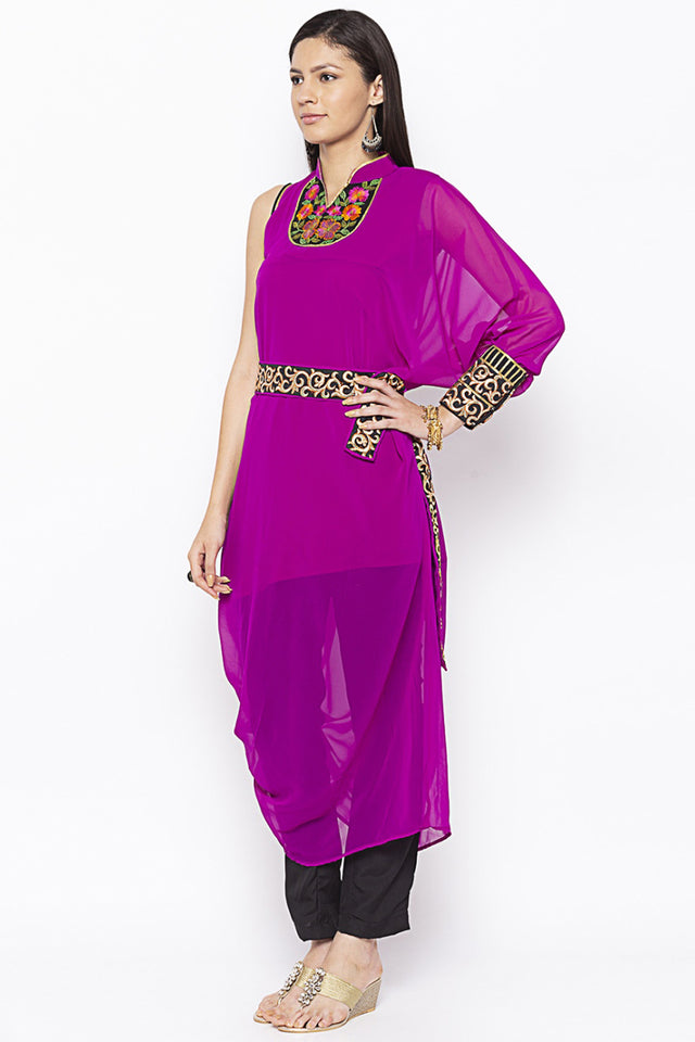 Georgette Asymmetric Kurti Top In Magenta