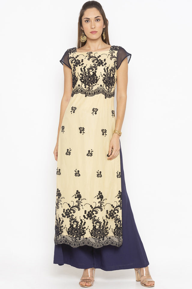 Net Straight Kurti Top In Beige