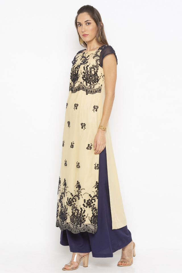 Net Straight Kurti Top In Beige