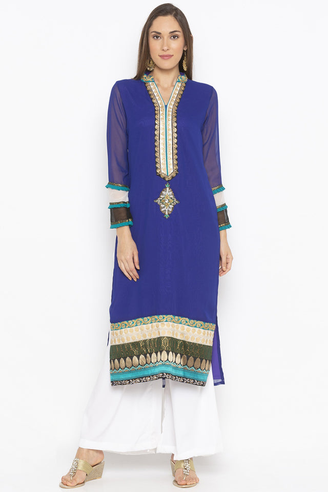 Georgette Straight Kurti Top In Dark Blue