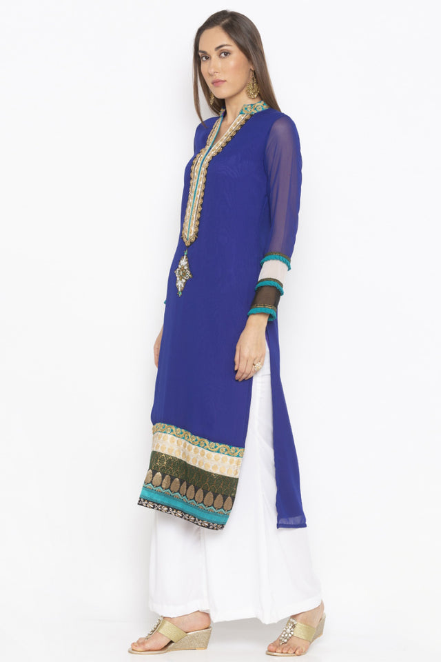 Georgette Straight Kurti Top In Dark Blue