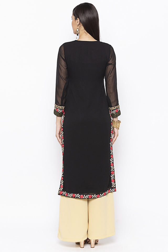 Georgette Straight Kurta Top in Black - Back