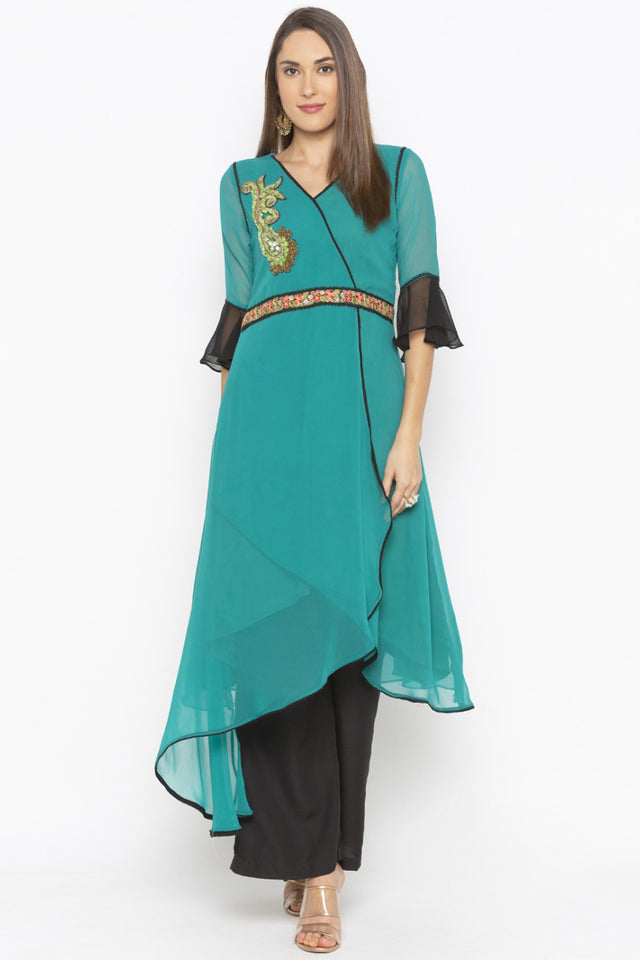 Georgette Asymmetric Kurti Top In Turquoise Green