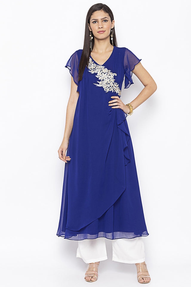 Georgette Asymmetric Kurti Top In Blue