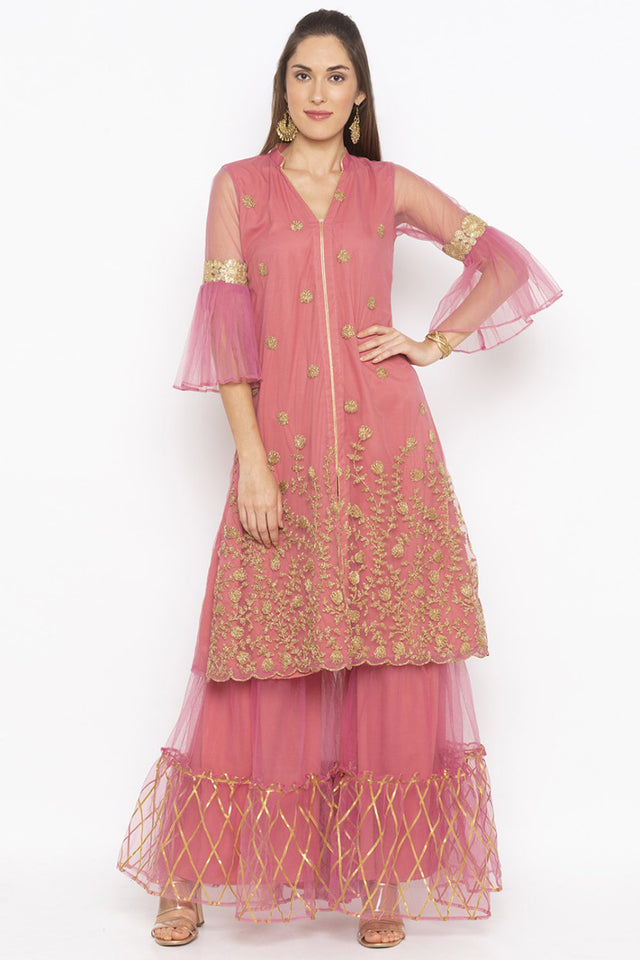 Net A Line Kurti In Pink