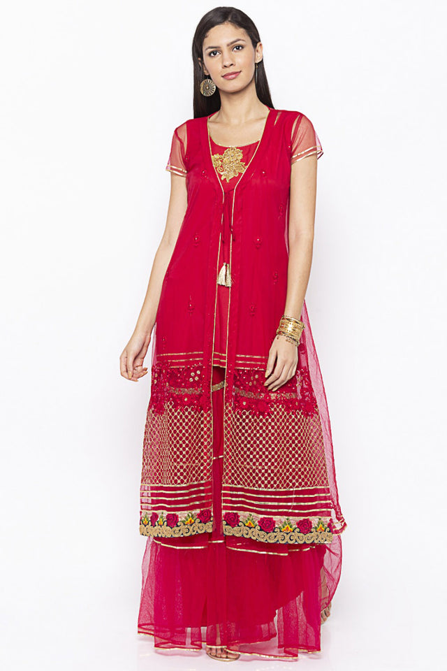 Net Embroidered Kurti Top In Maroon