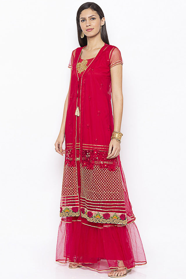 Net Embroidered Kurti Top In Maroon