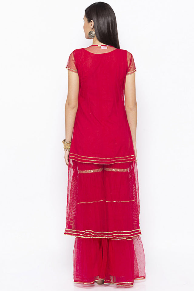 Net Embroidered Kurti Top In Maroon