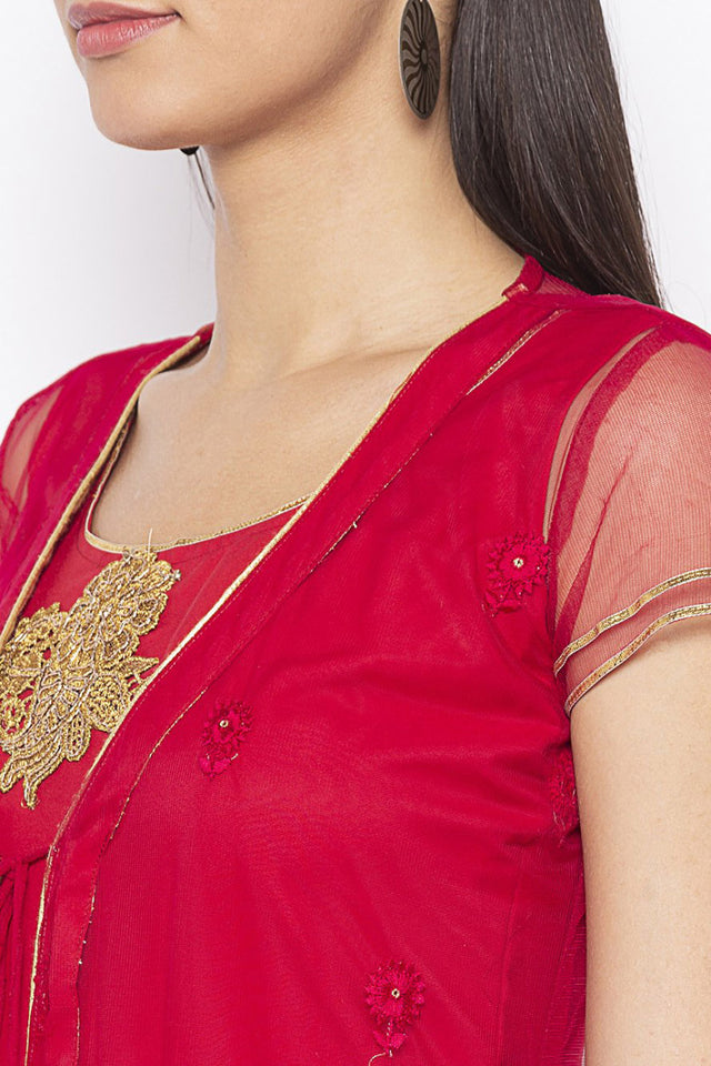 Net Embroidered Kurti Top In Maroon