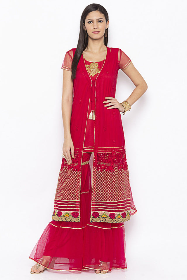 Net Embroidered Kurti Top In Maroon