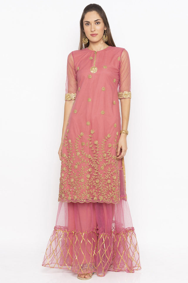 Net Straight Kurti In Pink