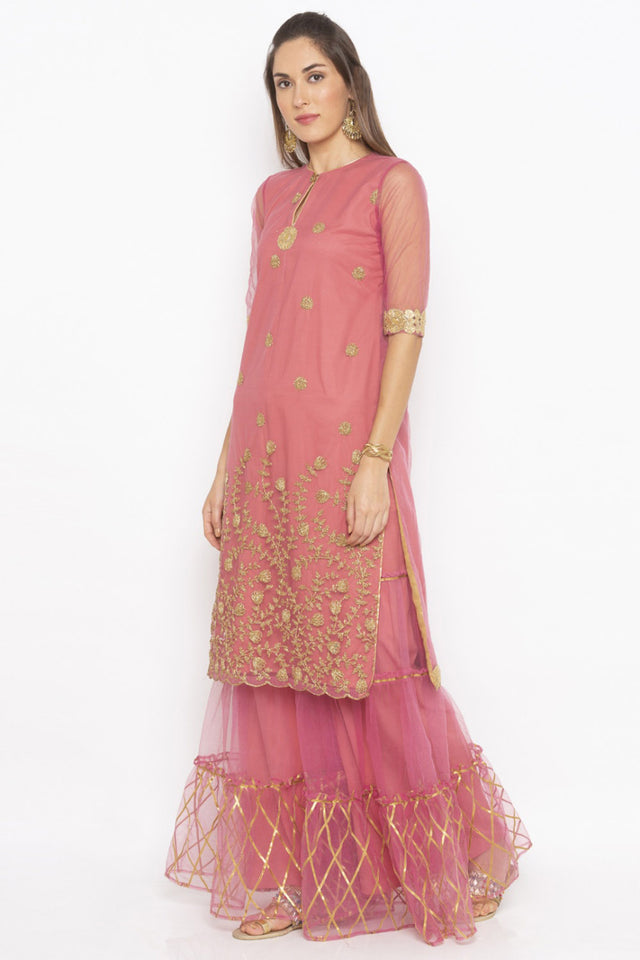 Net Straight Kurti In Pink