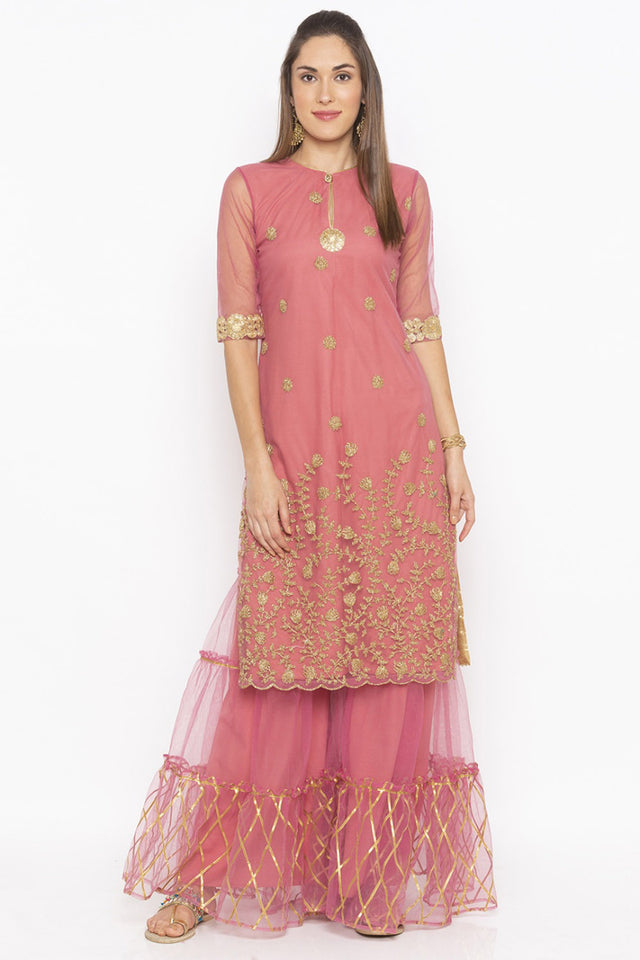 Net Straight Kurti In Pink