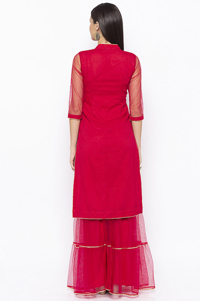 Net Straight Kurti In Maroon