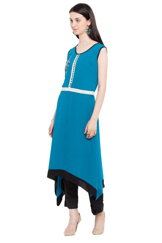 Faux Georgette Asymmetric Kurti Top In Blue