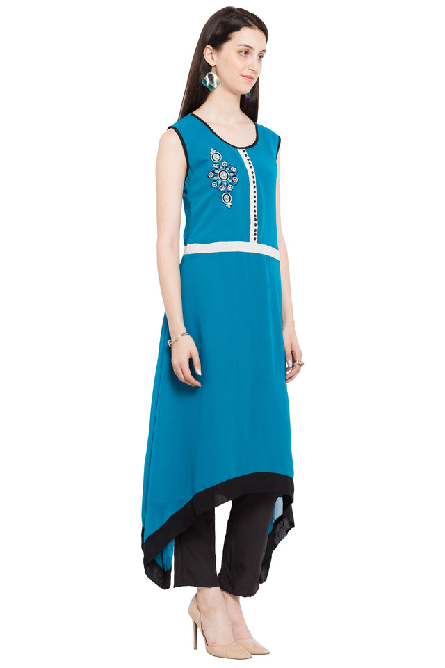 Faux Georgette Asymmetric Kurti Top In Blue