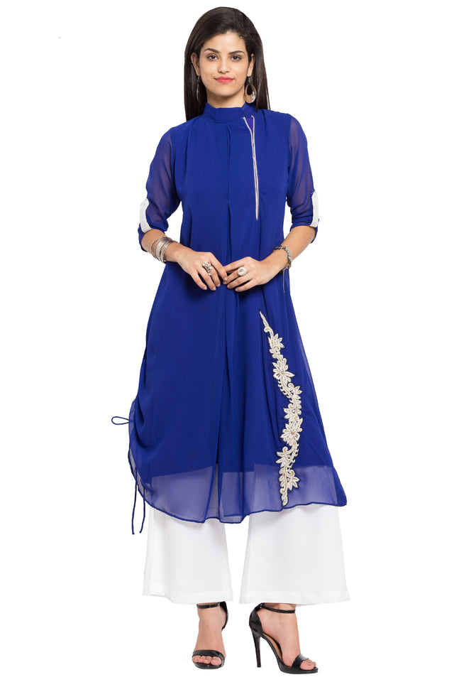 Faux Georgette Flared Kurti In Blue