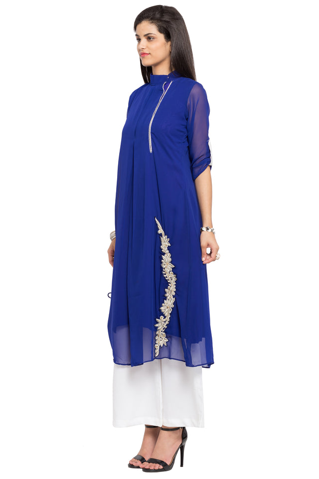 Faux Georgette Flared Kurti In Blue
