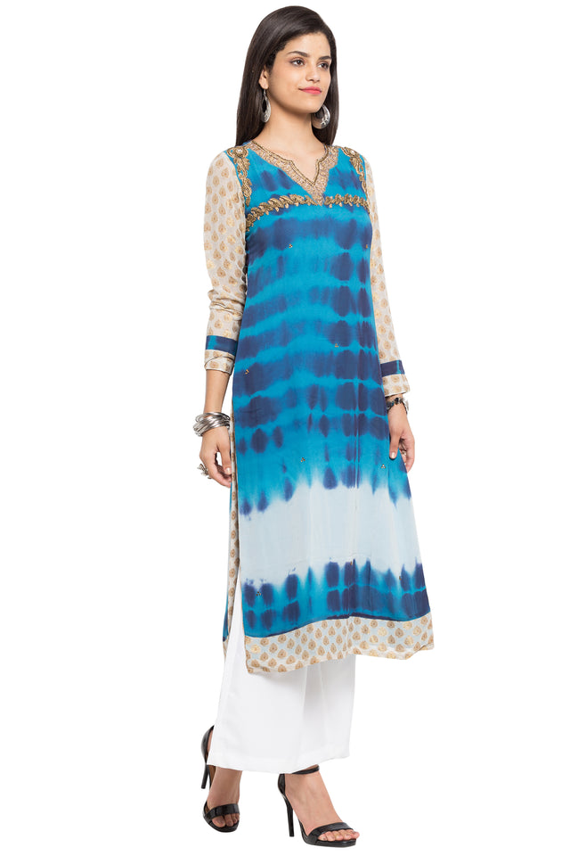 Faux Georgette Straight Kurti Top In Blue
