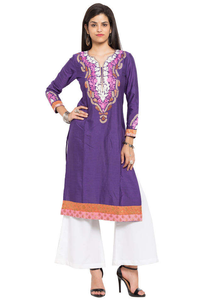Cotton Art Silk Straight Kurta Top in Purple
