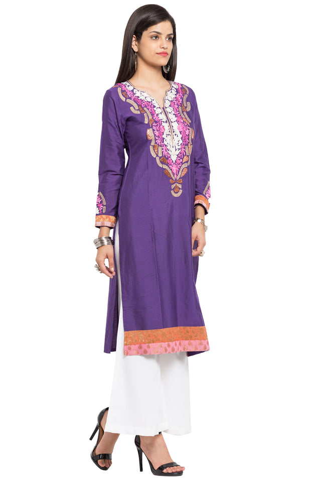 Cotton Art Silk Straight Kurta Top in Purple - Left Side