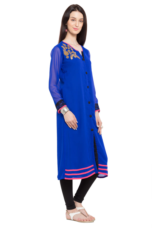 Faux Georgette Straight Kurti Top In Blue