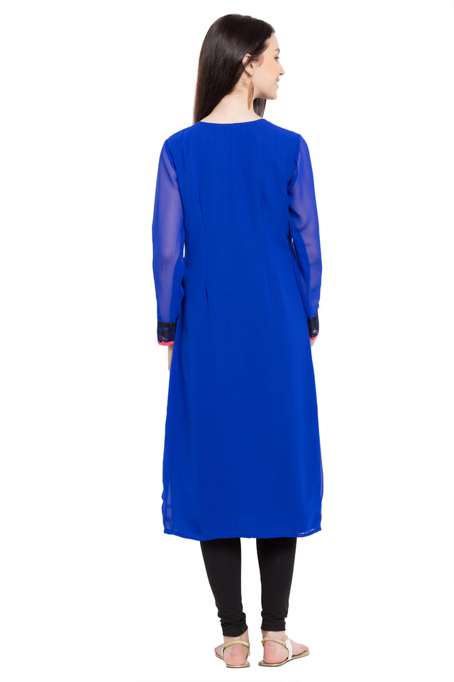 Faux Georgette Straight Kurti Top In Blue