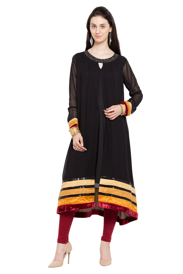 Faux Georgette Flared Kurti Top In Black