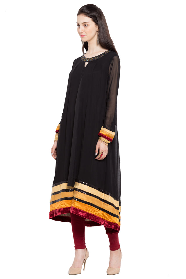 Faux Georgette Flared Kurti Top In Black