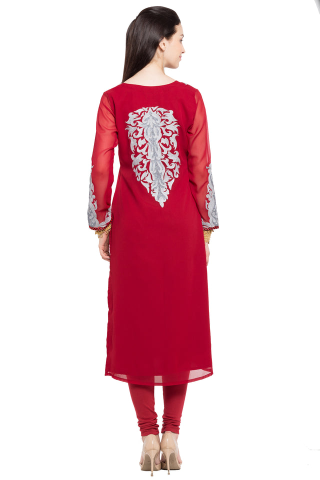 Faux Georgette Straight Kurti Top In Red