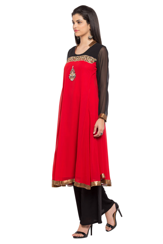 Faux Georgette A-Line Kurti Top In Red