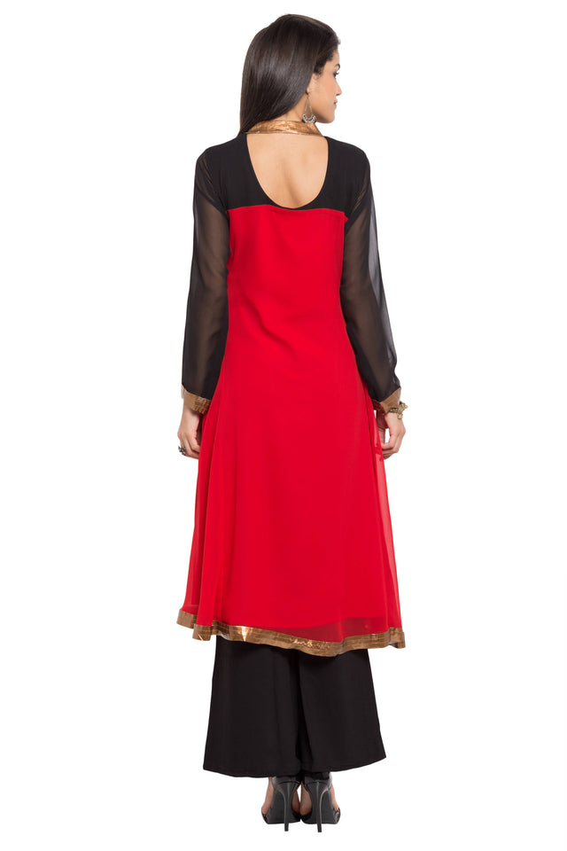 Faux Georgette A-Line Kurti Top In Red
