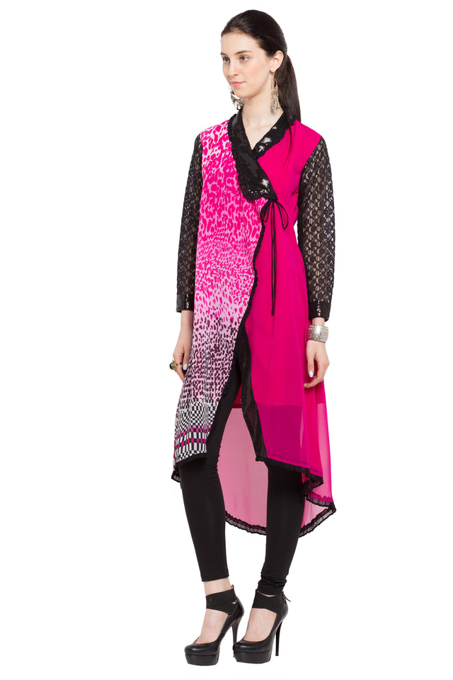 Faux Georgette Angrakha Kurti In Pink