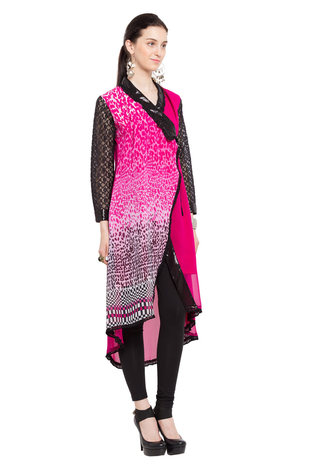 Faux Georgette Angrakha Kurti In Pink