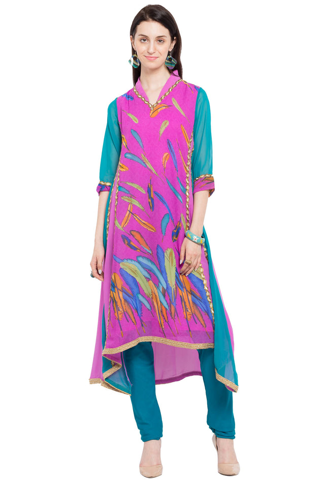Faux Georgette Asymmetric Kurti Top In Pink