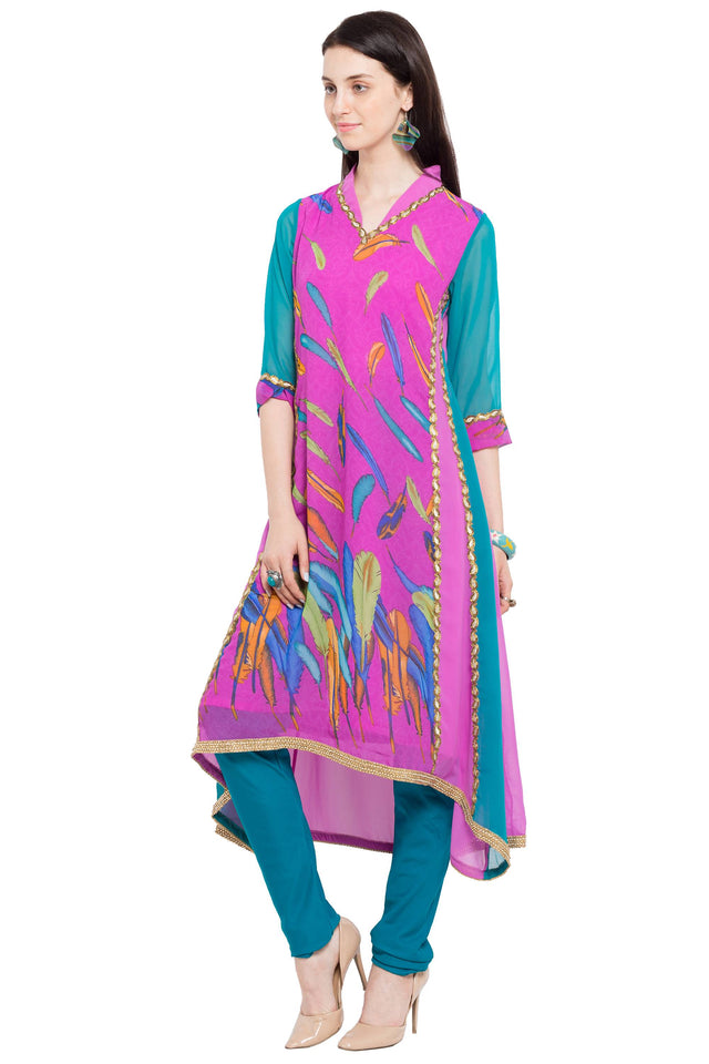 Faux Georgette Asymmetric Kurti Top In Pink