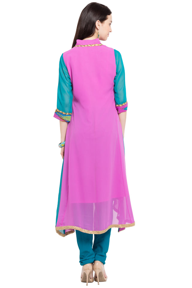 Faux Georgette Asymmetric Kurti Top In Pink