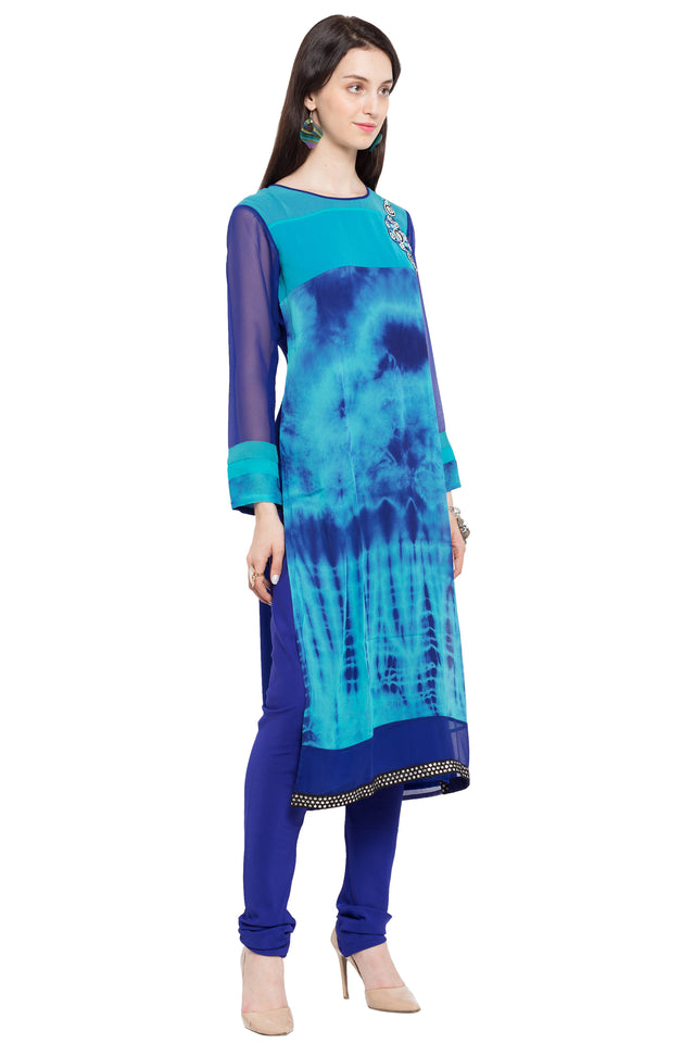 Faux Georgette Straight Kurta Top in Blue - Left Side