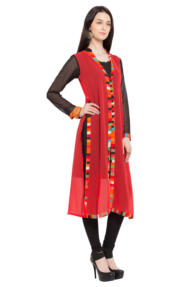 Faux Georgette Flared Kurti Top In Red