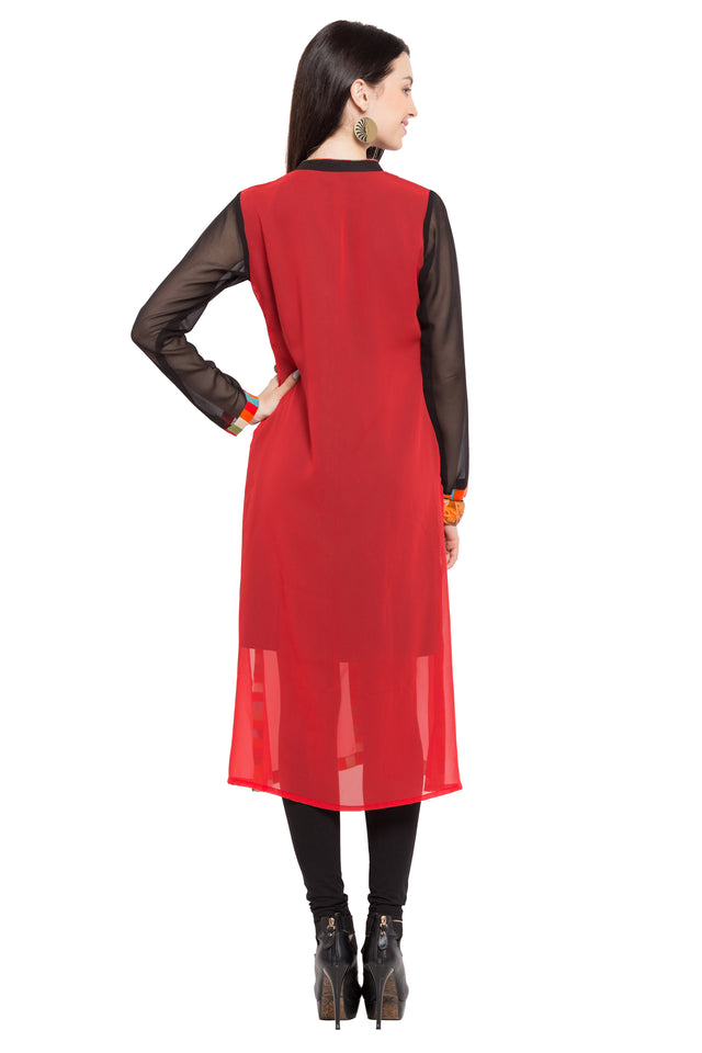 Faux Georgette Flared Kurti Top In Red