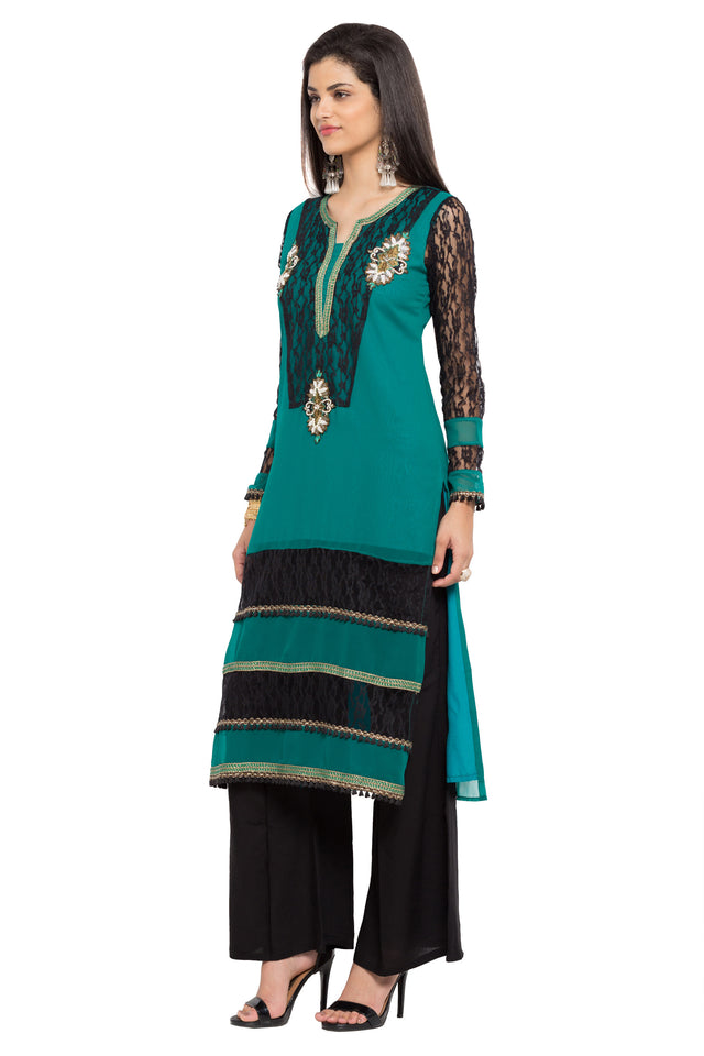 Faux Georgette Straight Kurti Top In Green
