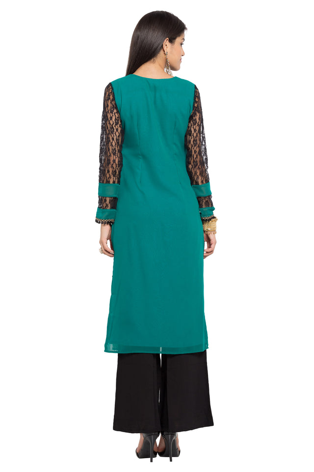 Faux Georgette Straight Kurti Top In Green