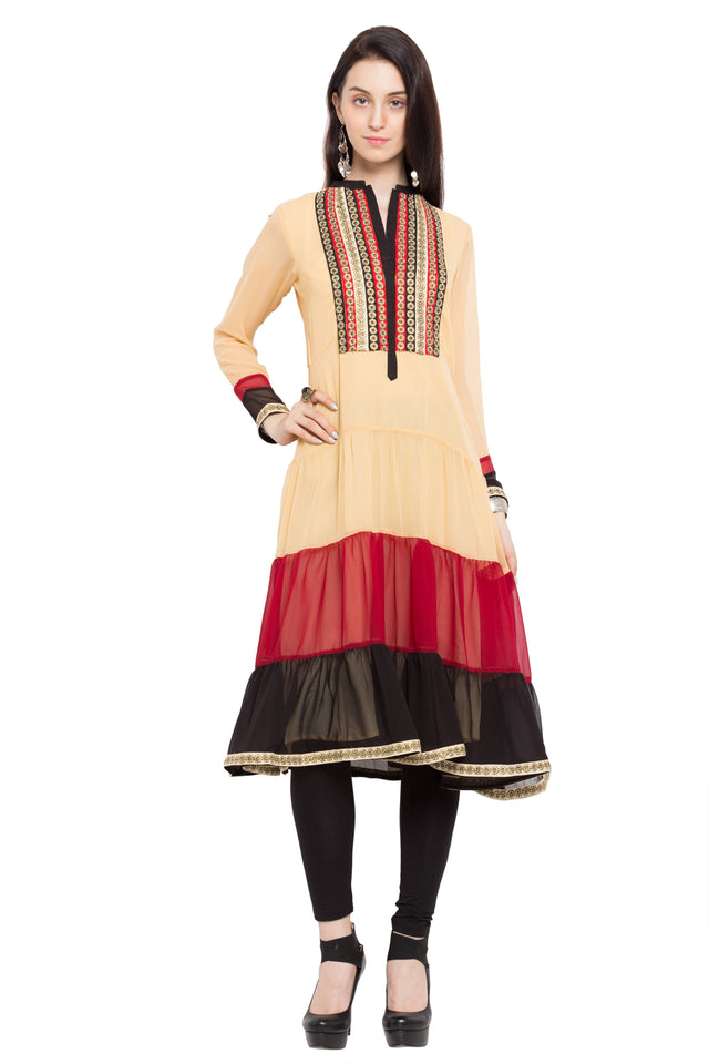 Faux Georgette Tiered Kurti In Beige