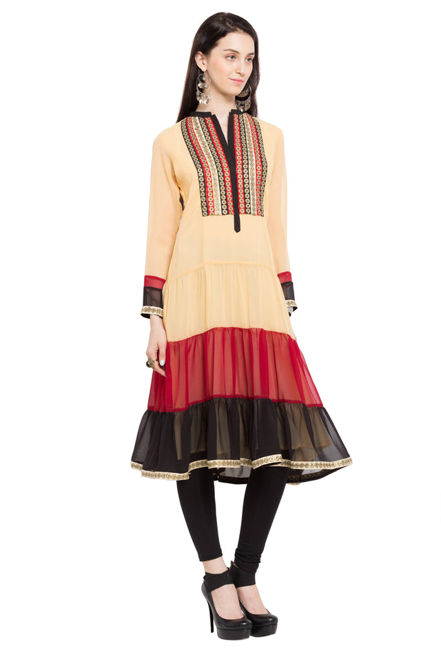 Faux Georgette Tiered Kurti In Beige