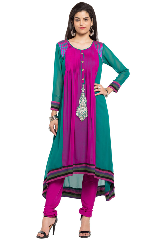 Faux Georgette Asymmetric Kurti Top In Green