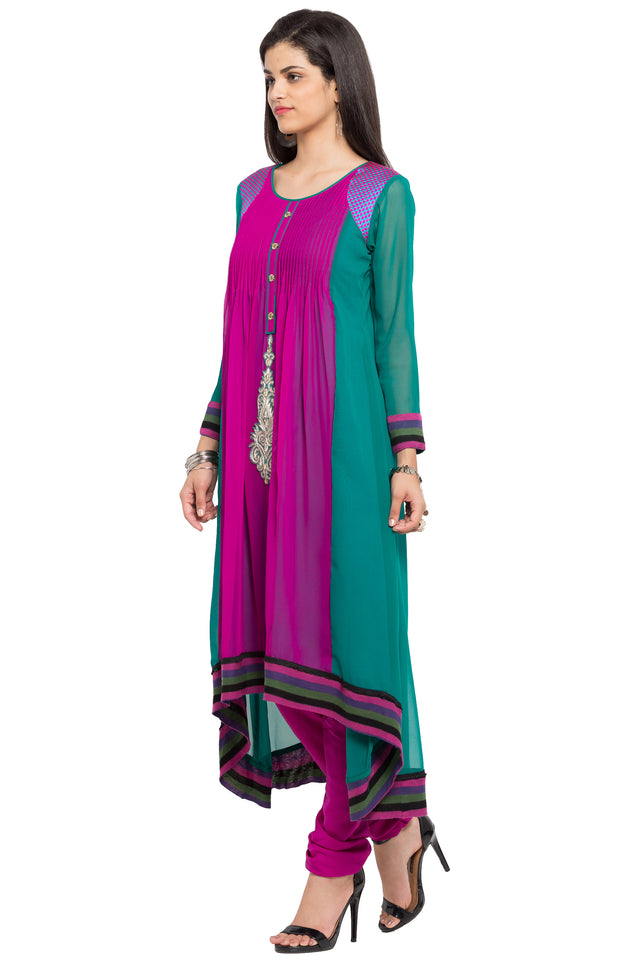 Faux Georgette Asymmetric Kurti Top In Green