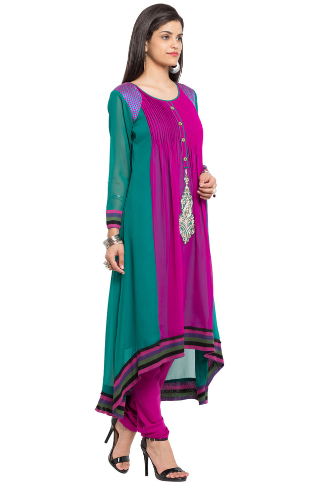 Faux Georgette Asymmetric Kurti Top In Green