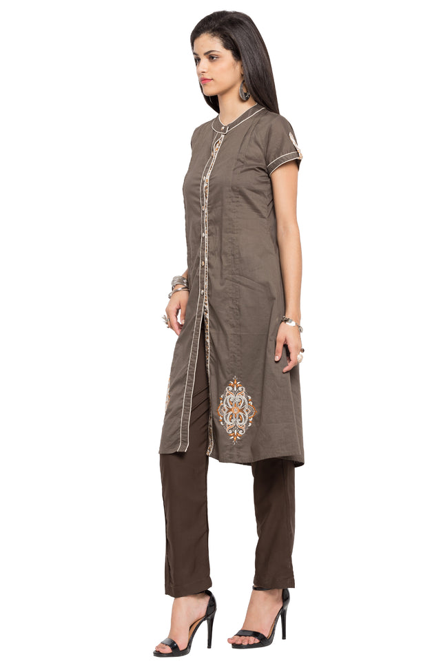 Blended Cotton High Slit Kurti In Grey